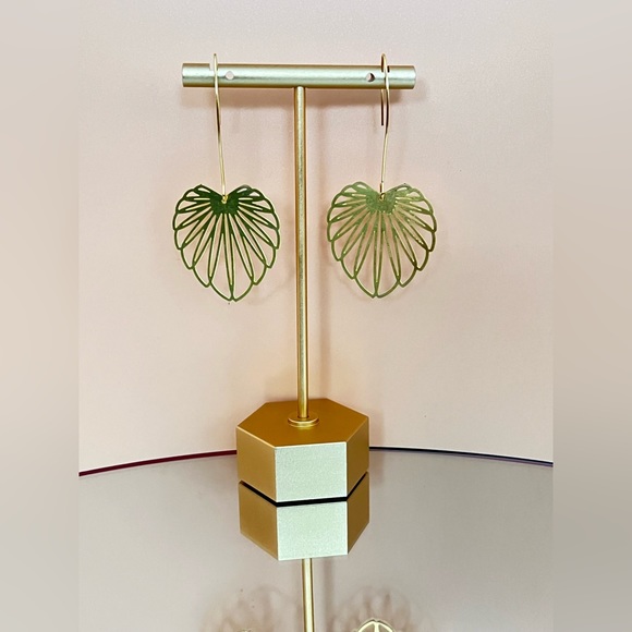 Gold Delicate Leaf Earrings - Long Minimalist Brass Earrings - Picture 10 of 11